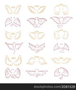 Angel sketch wing set vector. Marker hand drawn style of holy creations. Wing, feathers of bird, swan, eagle. Bat, vampire silhouette collection in line art. Gargoyle, demon, devil doodle are shown. Angel sketch wing set vector. Marker hand drawn style of holy creations.