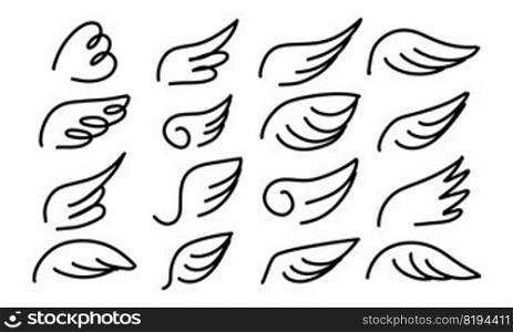 Angel wing doodle logo and cartoon simple icon eagle dove. Minimalist fly pictogram tattoo vector illustration. Element freedom symbol and isolated white background set. Silhouette shape winged sign