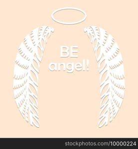 Angel wings and halo in white color isolated on beige background Poster. Paper cut decorative silhouette Traditional Belarusian, Polish paper clippings make with scissors Hand made Vector illustration. Angel wings and halo in white color isolated on beige background Paper cut decorative silhouette Traditional Belarusian, Polish paper clippings make with scissors. Hand made Vector