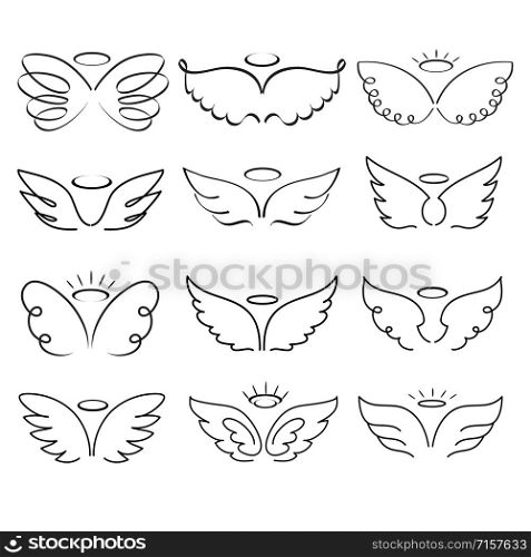 Angel wings drawing vector illustration. Winged angelic tattoo icons. Wing feather with halo, artistic artwork sketch