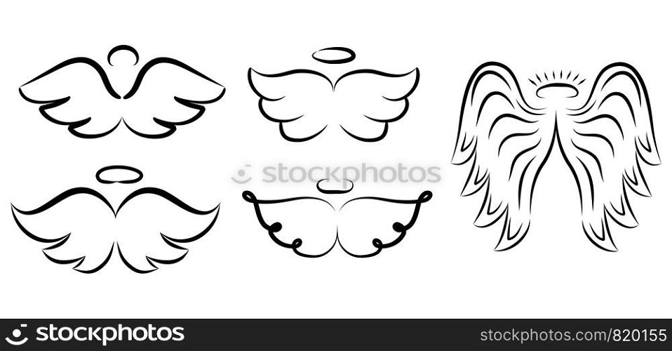 Angel wings drawing vector illustration. Winged angelic tattoo icons. Wing feather with halo, artistic artwork sketch
