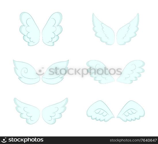 Angel Wings pairs vector, isolated set. Bluish wide plumage of angelic and heavenly creatures, symbol of freedom and purity. Decorative feathers. Flight and cupid accessory. Pairs of Wings, Angelic Feathers and Plumage Set