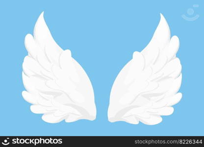 Angel wings white in cartoon style isolated on blue background, design element for decoration. Vector illustration