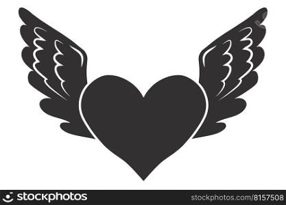 Angel wings with heart in cartoon style isolated on white background, design element for decoration. Vector illustration