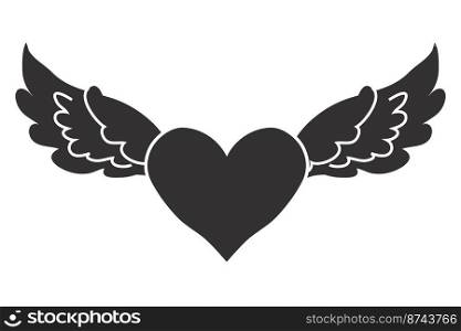 Angel wings with heart in cartoon style isolated on white background, design element for decoration. Vector illustration