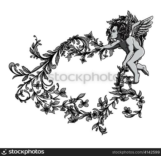 angel with floral frame vector illustration