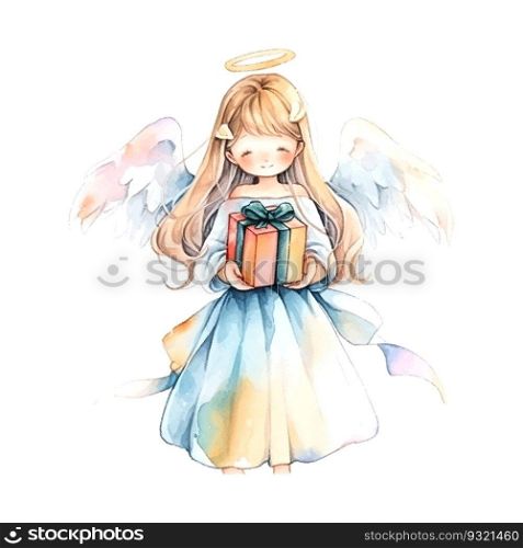 Angel with gift watercolor. Isolated vector illustration. Holiday background, poster vector illustration. Vector collection. Vector drawing.. Christmas Angel with gift watercolor. Isolated vector illustration. Holiday background, poster vector illustration. Vector collection. Vector drawing.