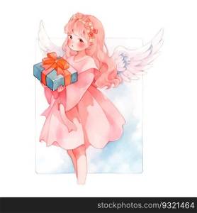 Angel with gift watercolor. Isolated vector illustration. Holiday background, poster vector illustration. Vector collection. Vector drawing.. Christmas Angel with gift watercolor. Isolated vector illustration. Holiday background, poster vector illustration. Vector collection. Vector drawing.