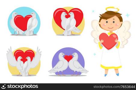 Angel with heart and white doves couple vector. Boy cupid with wings and halo, birds in love, pigeons pair, Valentines day winter holiday symbols. Valentines Day Love Symbols and Angel or Cupid