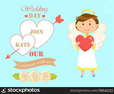 Angel with heart vector, wedding date with names and banners. Angel kid with wings and nimbus, romantic card child with halo, celebration of matrimony. Wedding Date Invitation to Ceremony by Couple
