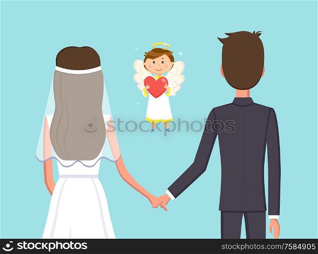 Angelic child boy with heart vector, man and woman holding hands flat style. Marriage of bride and groom, fiance husband and wife in love with each other. Holly Matrimony of Man and Woman, Cupid Angel