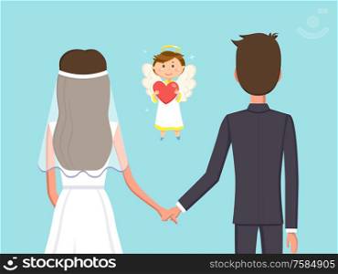 Angelic child boy with heart vector, man and woman holding hands flat style. Marriage of bride and groom, fiance husband and wife in love with each other. Holly Matrimony of Man and Woman, Cupid Angel