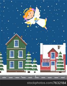 Angelic child flying at night, street with old buildings and snowy weather. Snowfall and houses, Christmas holiday celebration, present in hand. Vector illustration in flat cartoon style. Angel Girl Flying at Sky at Night Holding Gift