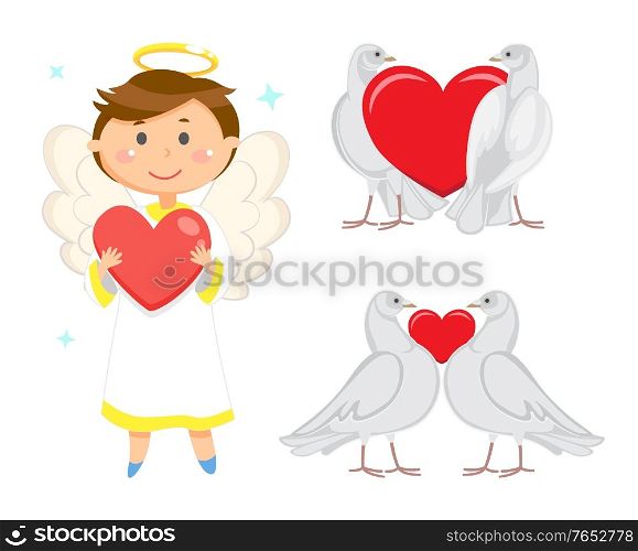Angelic child vector, male wearing long robe holding heart in hands. Valentines day celebration and greeting. Doves in love, birds purity and devotion. Angel Boy with Wings and Halo Holding Red Heart