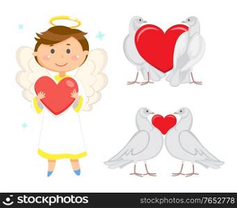 Angelic child vector, male wearing long robe holding heart in hands. Valentines day celebration and greeting. Doves in love, birds purity and devotion. Angel Boy with Wings and Halo Holding Red Heart