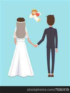 Angelic child with heart and wings vector, man and woman at wedding. Couple getting married, cupid with halo, bride and groom holding hands of each other. Husband and Wife at Wedding Ceremony with Angel