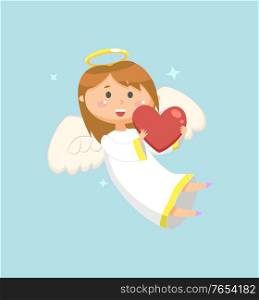 Angelic girl holding heart vector, stars and snowflakes glowing. Angel with wings and halo wearing long robe, kid laughing celebrating religious holiday. Angel with Heart, Winged Girl with Smile on Face