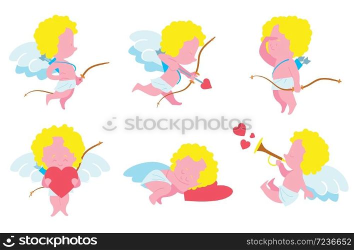 Angels on Valentines Day, set of small cupid with bows and arrows with hearts. Happy Valentine Day symbols. Love, heart, gift. Elements for decorations and greeting cards. Romantic symbol.. Valentine day love beautiful