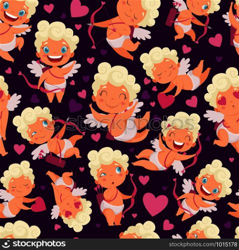 Angels seamless pattern. Love valentines day pink hearts cute angels with bow vector cartoon characters background. Illustration of valentine angel and amour character. Angels seamless pattern. Love valentines day pink hearts cute angels with bow vector cartoon characters background