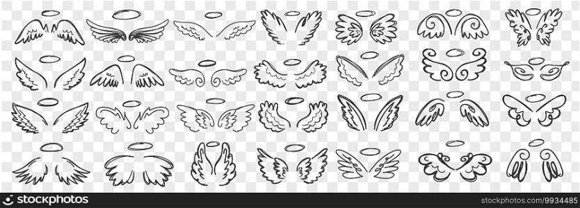 Angels wings and halo doodle set. Collection of hand drawn wings and halos of angels accessories of saint character in rows isolated on transparent background. Illustration of sacred person attributes. Angels wings and halo doodle set