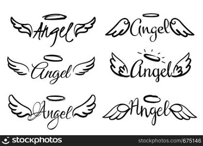 Angels wings emblems. Feather angel wing and halo, sketch feathers bird line tattoo. Hand drawn fantasy winged silhouettes vector isolated. Angels wings emblems. Feather angel wing and halo, sketch feathers bird line tattoo. Hand drawn winged silhouettes vector isolated