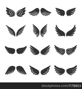 Angels wings silhouettes set isolated on white background, vector illustration. Angels wings silhouettes set