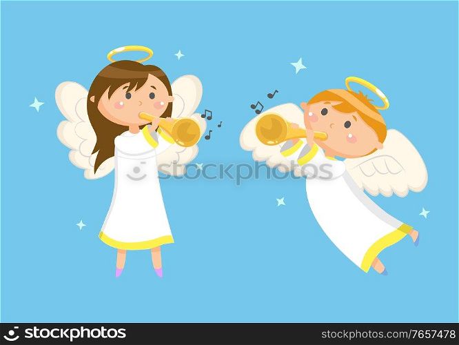 Angels with trumpets playing music, boy and girl vector. Halo and wings, musical instruments, heaven characters in sky, children or kids, Christmas. Angels with Trumpets Playing Music, Boy and Girl