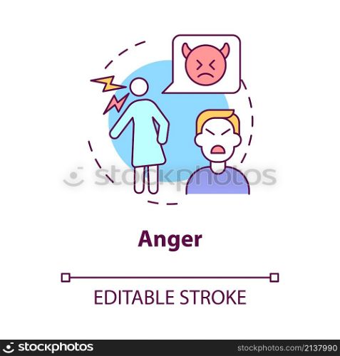 Anger concept icon. Non acceptance of divorce. Mental stage abstract idea thin line illustration. Isolated outline drawing. Editable stroke. Roboto-Medium, Myriad Pro-Bold fonts used. Anger concept icon