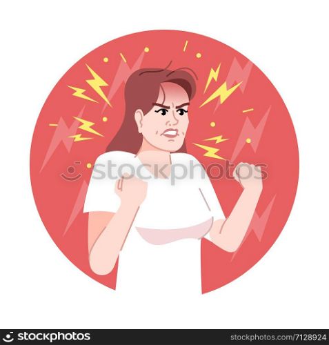 Anger flat concept icon. Irritated young woman clipart. Negative human emotion, facial expression. Screaming and furious woman clenching her fists isolated cartoon illustration on white background