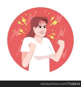 Anger flat concept icon. Irritated young woman clipart. Negative human emotion, facial expression. Screaming and furious woman clenching her fists isolated cartoon illustration on white background