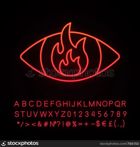 Anger neon light icon. Fire in eye. Angry person. Aggression. Burning iris. Glowing sign with alphabet, numbers and symbols. Vector isolated illustration. Anger neon light icon