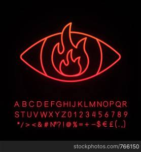 Anger neon light icon. Fire in eye. Angry person. Aggression. Burning iris. Glowing sign with alphabet, numbers and symbols. Vector isolated illustration. Anger neon light icon