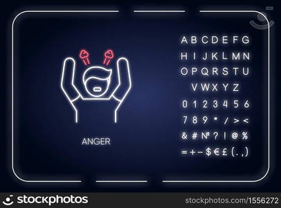 Anger neon light icon. Outer glowing effect. Negative emotion, bad mood sign with alphabet, numbers and symbols. Stress management problem. Angry person vector isolated RGB color illustration. Anger neon light icon