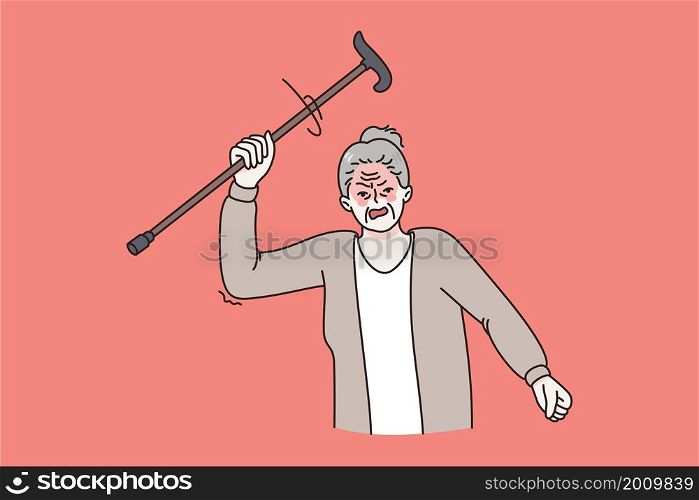 Anger of mature people concept. Furious old grey haired woman standing and holding club in raised hand over red background vector illustration . Anger of mature people concept.