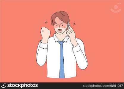 Anger, rage, aggression concept. Young furious businessman talking on smartphone in at office feeling annoyed and frustrated, shouting with anger and showing fist vector illustration . Anger, rage, aggression concept