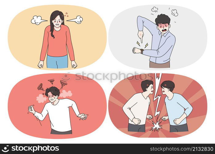 Anger rage and furious emotions concept. Set of men and women feeling furious and aggressive pointing at watch showing fists and having scandal with friend vector illustration. Anger rage and furious emotions concept.