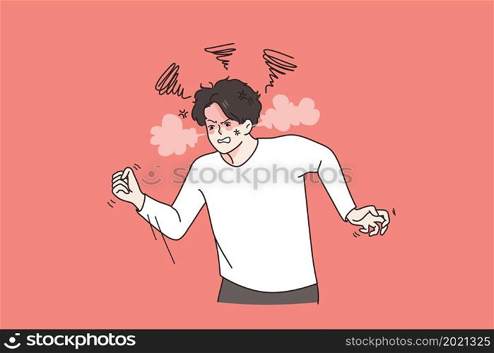 Anger rage and negative emotions concept. Young man standing with strong fists feeling furious aggressive and angry vector illustration . Anger rage and negative emotions concept