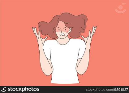 Anger, rage, screaming concept. Young mad crazy teen girl cartoon character gesturing with hands and shouting with anger and negative emotions vector illustration . Anger, rage, screaming concept