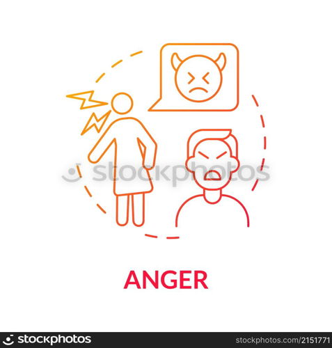 Anger red gradient concept icon. Emotional disorder of divorce. Mental stage abstract idea thin line illustration. Isolated outline drawing. Roboto-Medium, Myriad Pro-Bold fonts used. Anger red gradient concept icon