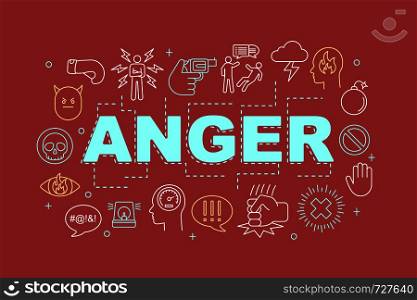 Anger word concepts banner. Presentation, website. Stress and burnout. Irritation. Isolated lettering typography idea with linear icons. Vector outline illustration. Anger word concepts banner