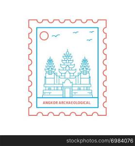 ANGKOR ARCHAEOLOGICAL postage stamp Blue and red Line Style, vector illustration