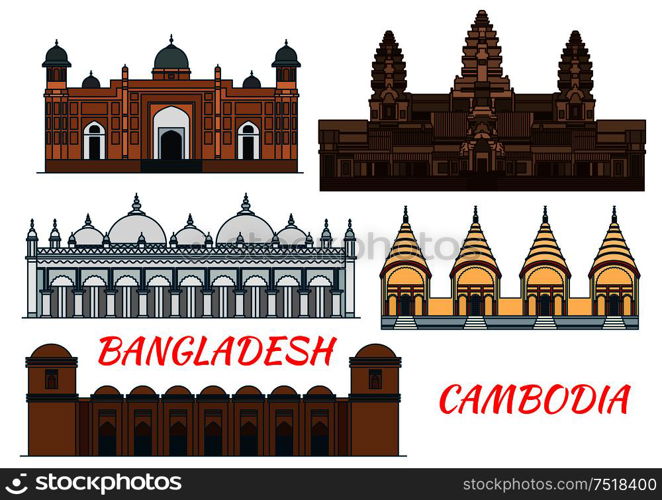 Angkor Wat Ancient temple in Cambodia thin line icon with ornate Star Mosque, fortified complex Lalbagh Fort, muslim Sixty Dome Mosque and hindu Dhakeshwari National Temple in Bangladesh. Travel theme. Temples, mosques of Cambodia and Bangladesh icon