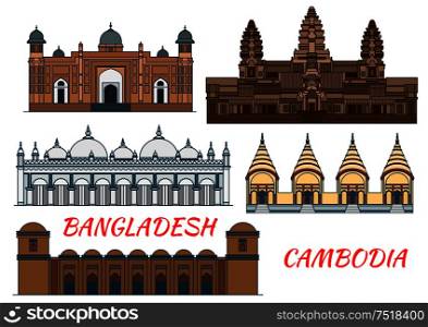 Angkor Wat Ancient temple in Cambodia thin line icon with ornate Star Mosque, fortified complex Lalbagh Fort, muslim Sixty Dome Mosque and hindu Dhakeshwari National Temple in Bangladesh. Travel theme. Temples, mosques of Cambodia and Bangladesh icon