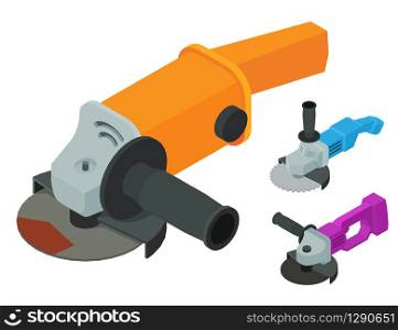 Angle grinder icons set. Isometric set of angle grinder vector icons for web design isolated on white background. Angle grinder icons set, isometric style
