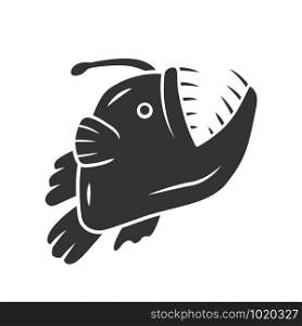 Anglerfish glyph icon. Swimming goosefish. Underwater world. Ocean monster, undersea animal with open mouth. Marine predator. Silhouette symbol. Negative space. Vector isolated illustration
