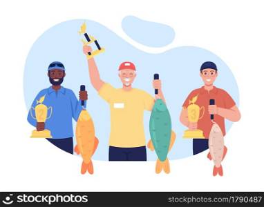 Angling championship winners 2D vector isolated illustration. Fishermen with fishing awards and fishes flat characters on cartoon background. Friendly atmosphere for competitors colourful scene. Angling championship winners 2D vector isolated illustration