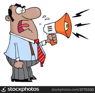 Angry African American Boss Man Screaming Into Megaphone