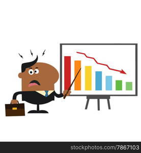 Angry African American Manager Pointing To A Decrease Chart On A Board.Flat Style Illustration Isolated On White