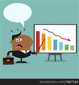Angry African American Manager Pointing To A Decrease Chart On A Board.Flat Style Illustration With Speech Bubble
