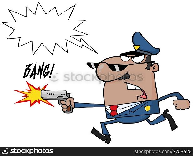 Angry African American Police Officer Running With A Gun